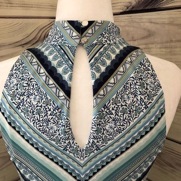 White House Black Market Blue Stripe Keyhole High Neck Halter Tank - Picture 6 of 8